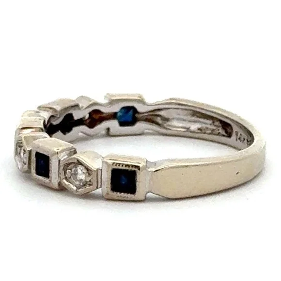 Designer 14k White Gold Round Diamonds Square Sapphires Semi Eternity Band Ring